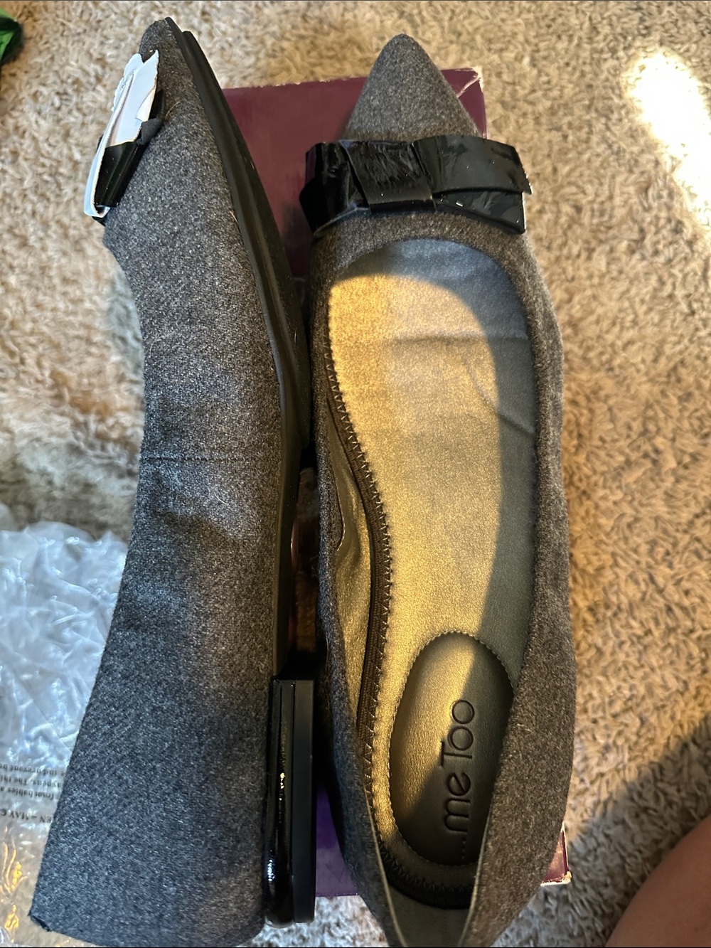 me too Gray Felt Pointed Toe Flats with Black Patent Bow